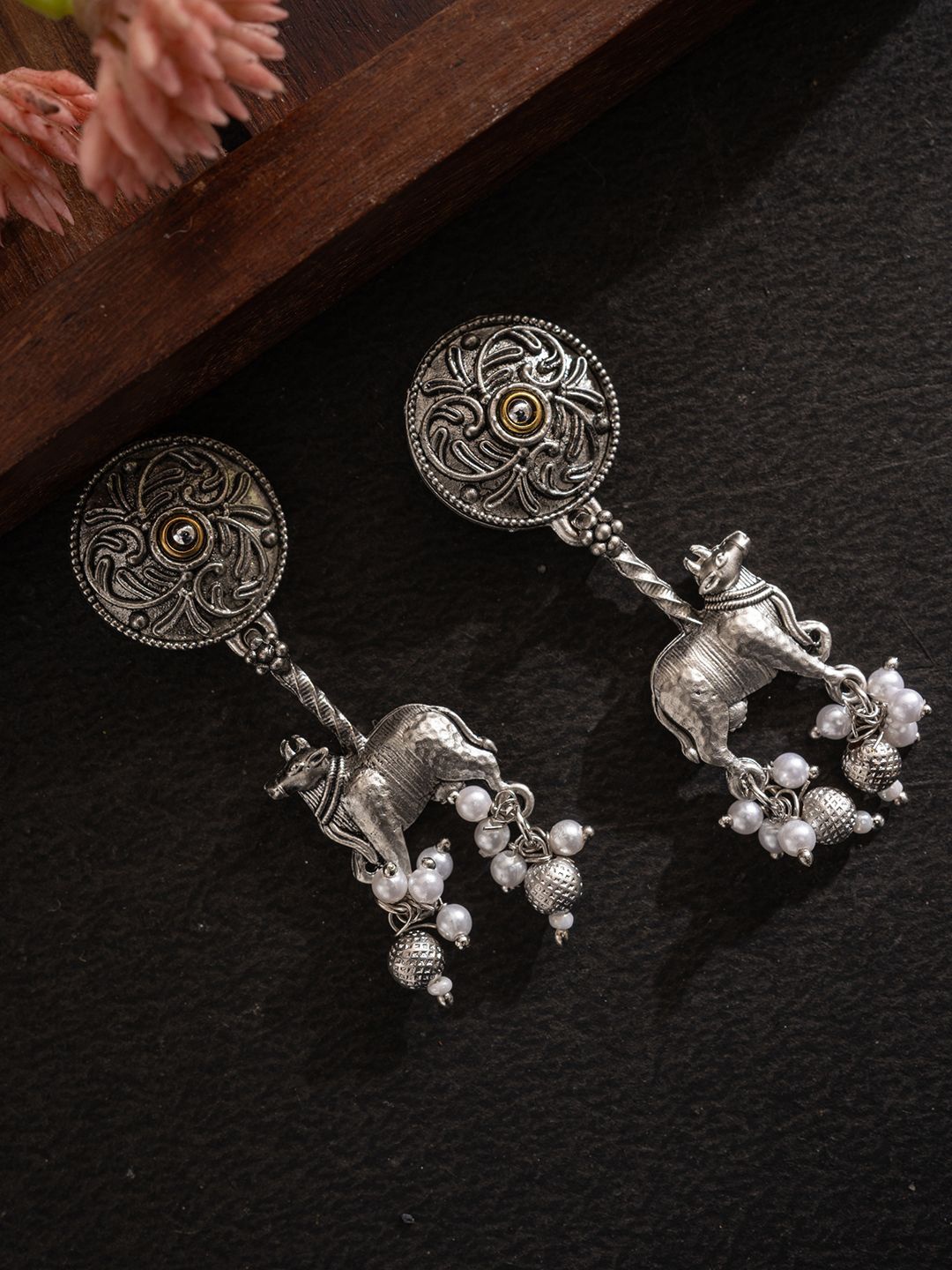 

PANASH Silver-Plated Artifical Beaded Animal Shaped Oxidised Drop Earrings