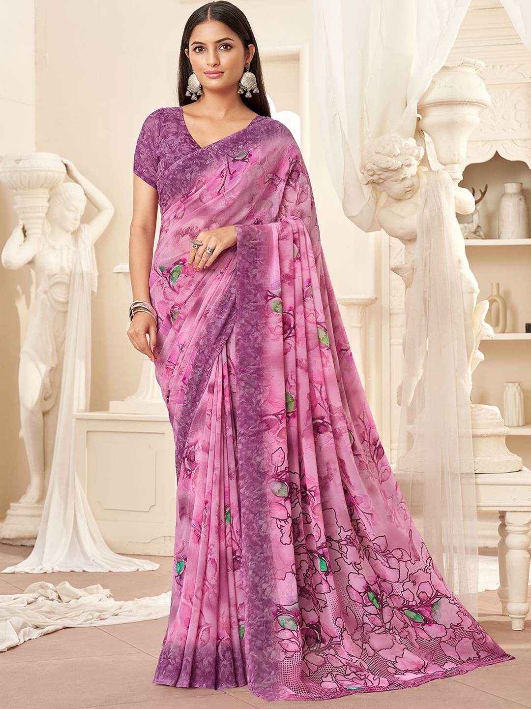 

DIVASTRI Floral Poly Georgette Saree, Pink