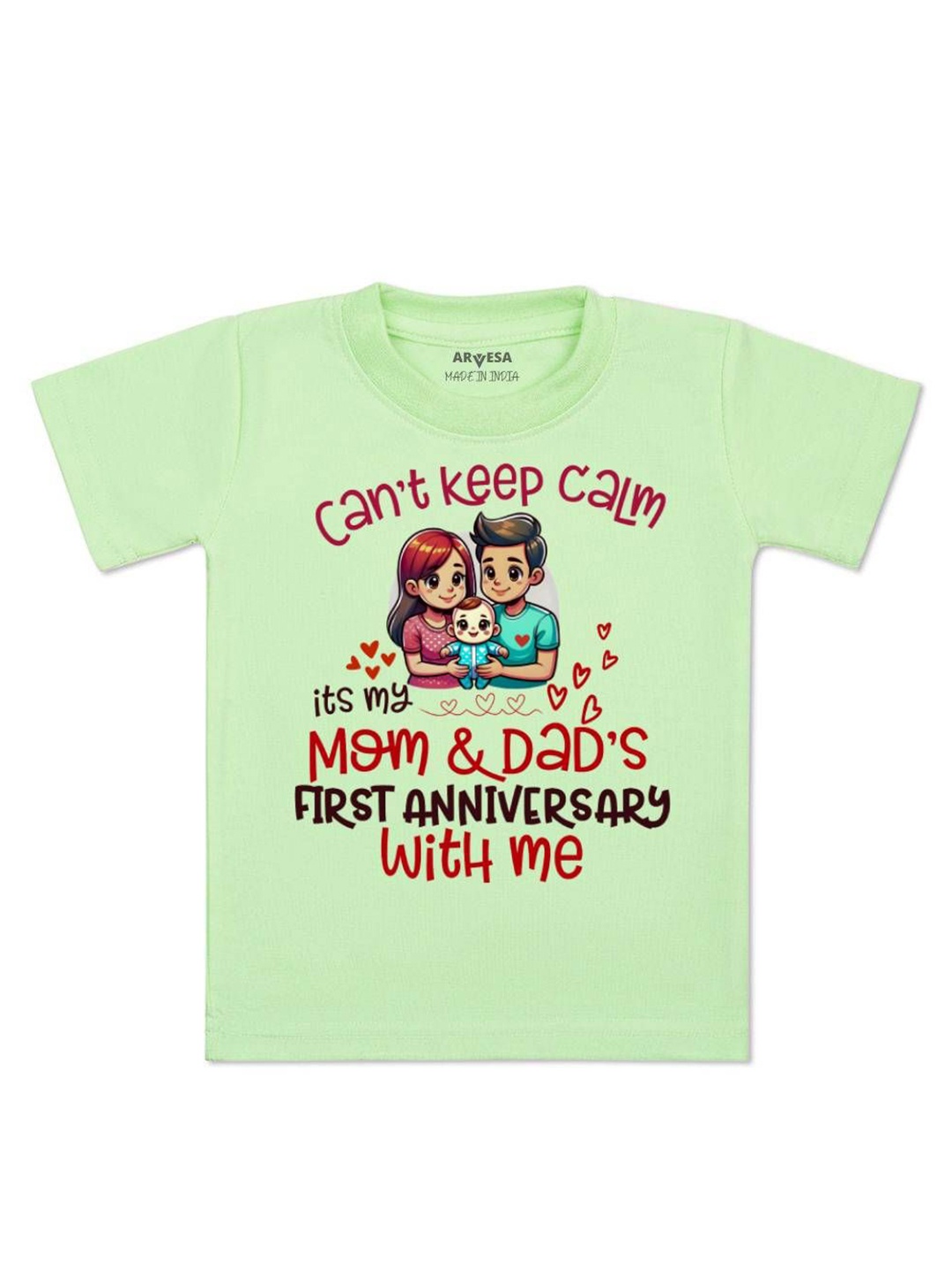 

Arvesa Kids First Anniversary With Mom And Dad Printed Tshirt, Green