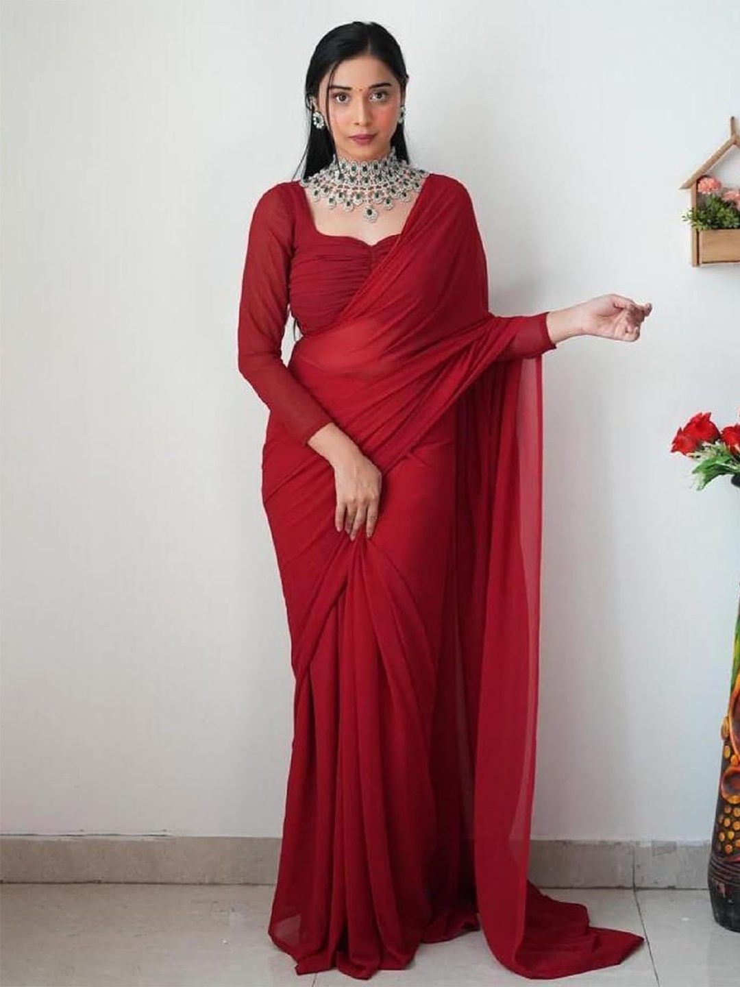 

Shopaz Pure Georgette Ready to Wear Saree, Maroon