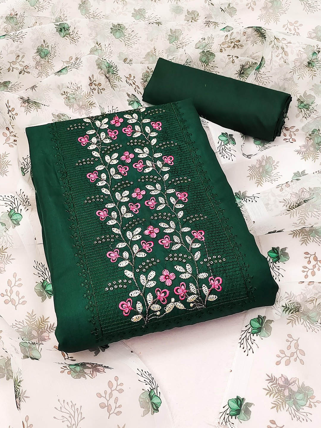 

SAINOOR Floral Embroidered Silk Unstitched Dress Material, Green