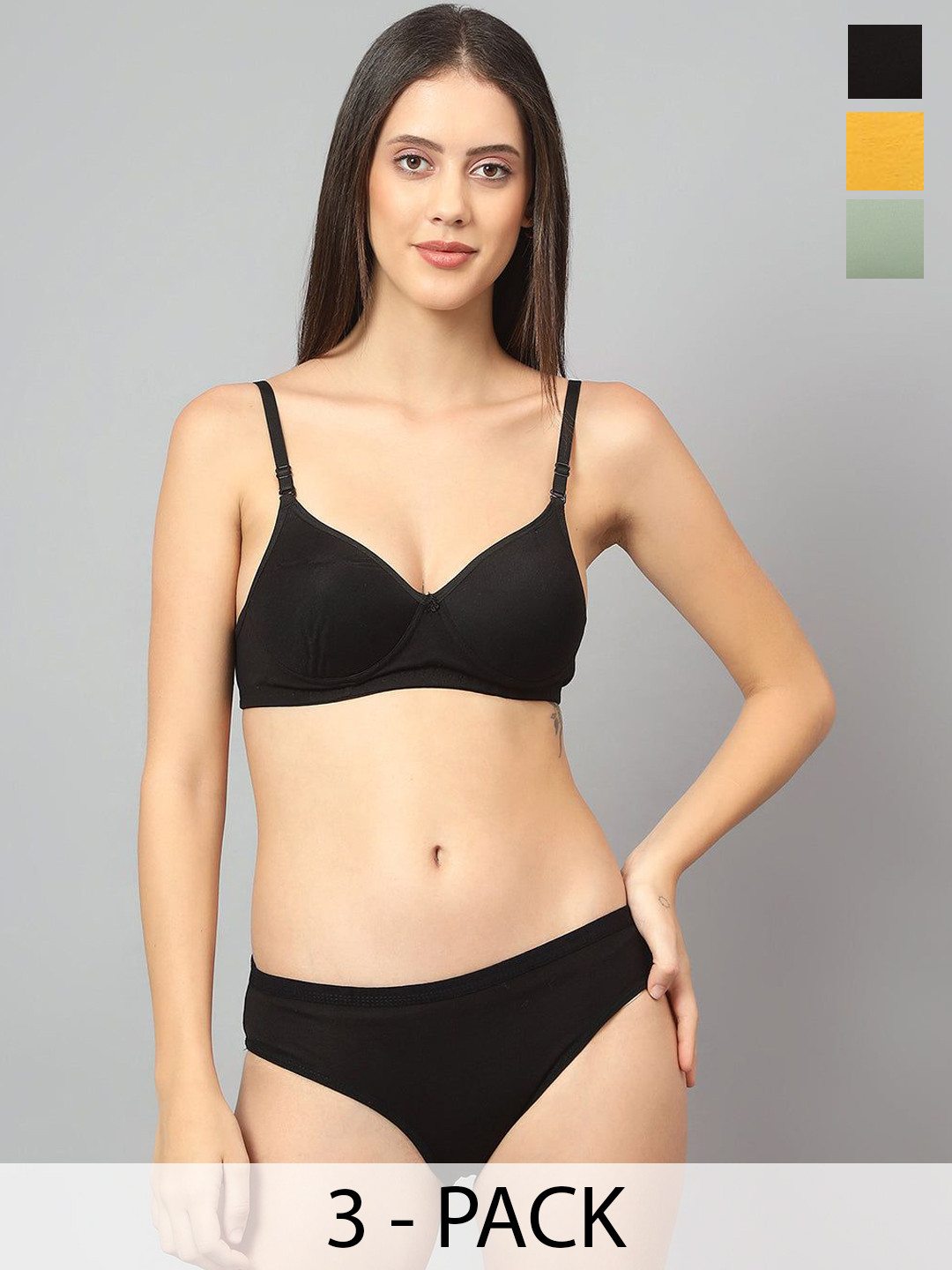 

Designer Bugs Pack Of 3 Cotton Non Padded Non Wired Lingerie Set NPLS-B-Y-O-30B, Black