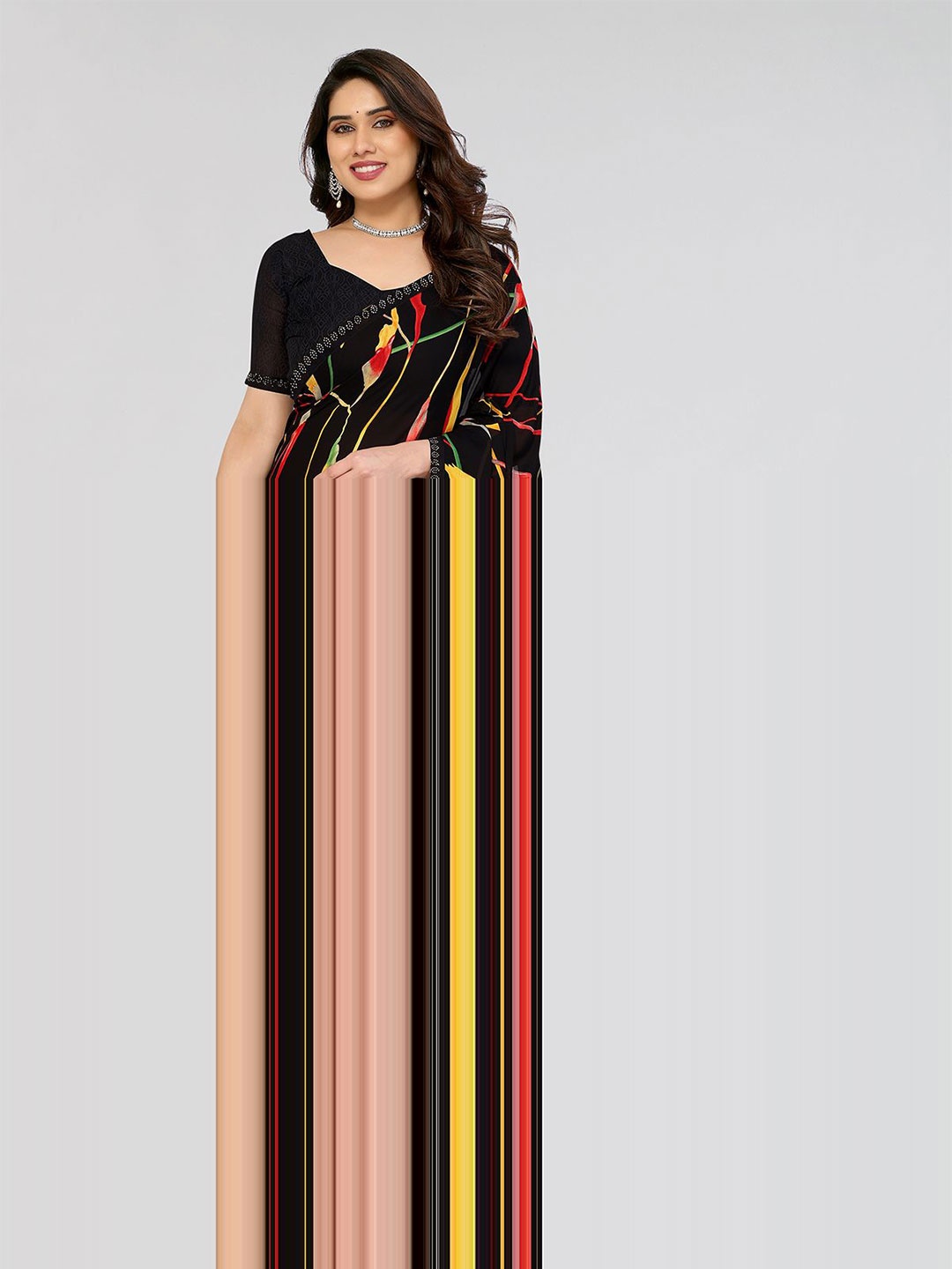 

Moda Rapido Striped Printed Embellished Saree With Unstitched Blouse Piece, Black