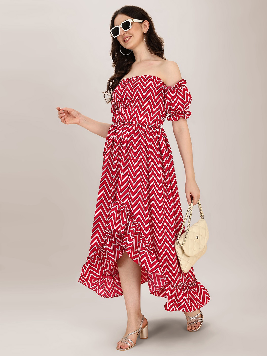 

Oomph! Print Off-Shoulder Puff Sleeve Crepe A-Line Maxi Dress, Red