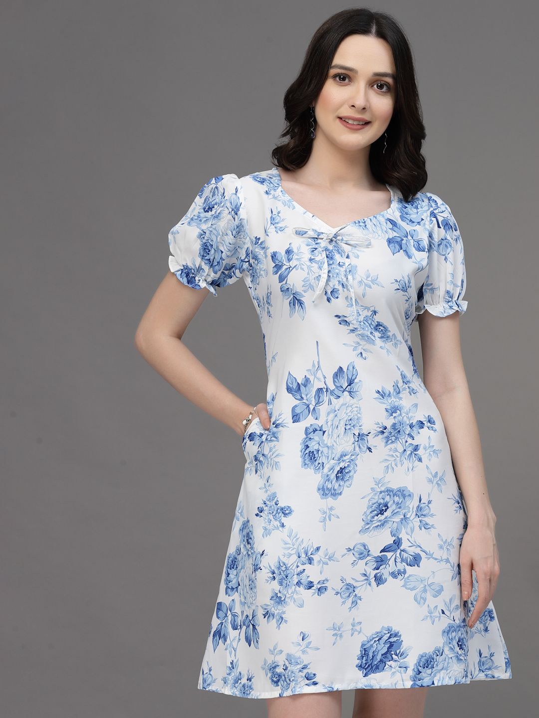 

Oomph! Floral Print Puff Sleeve Crepe Sheath Mini Dress, Blue