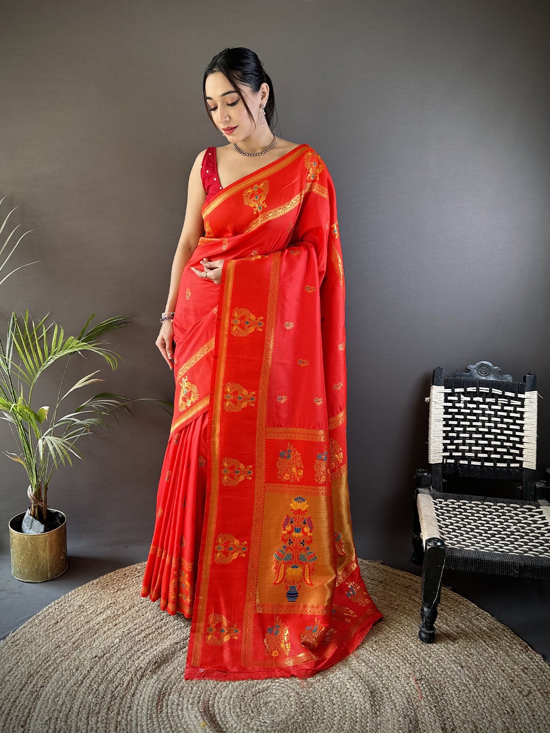 

Mitera Woven Design Zari Paithani Saree, Red
