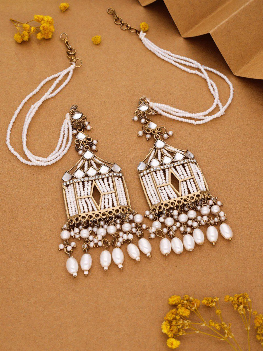 

Lyriss Gold Plated Artificial Stones Studded and Beaded Square Shaped Drop Earrings