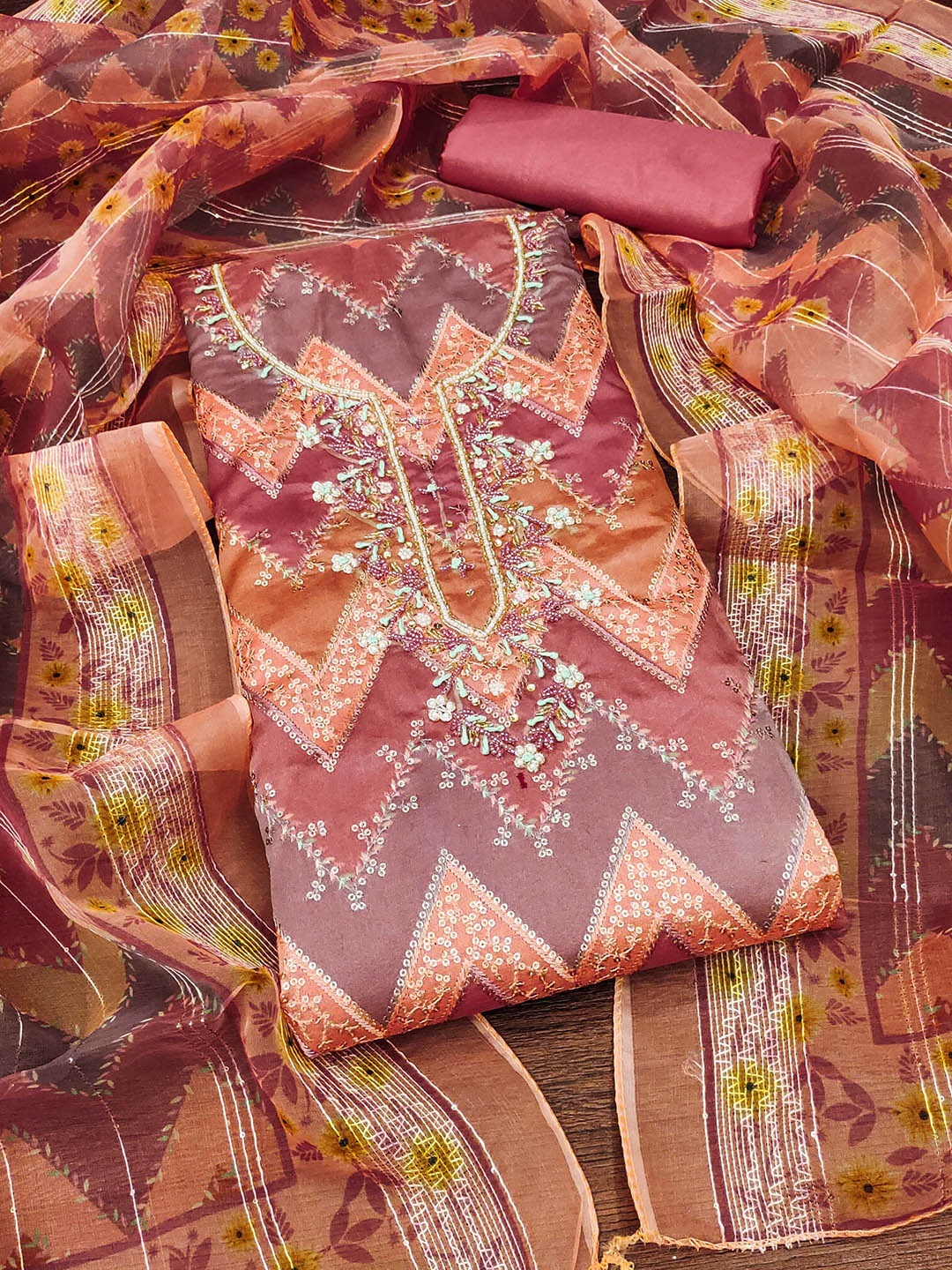 

SAINOORChevron Embroidered Sequinned Organza Semi-Stitched Dress Material, Rust