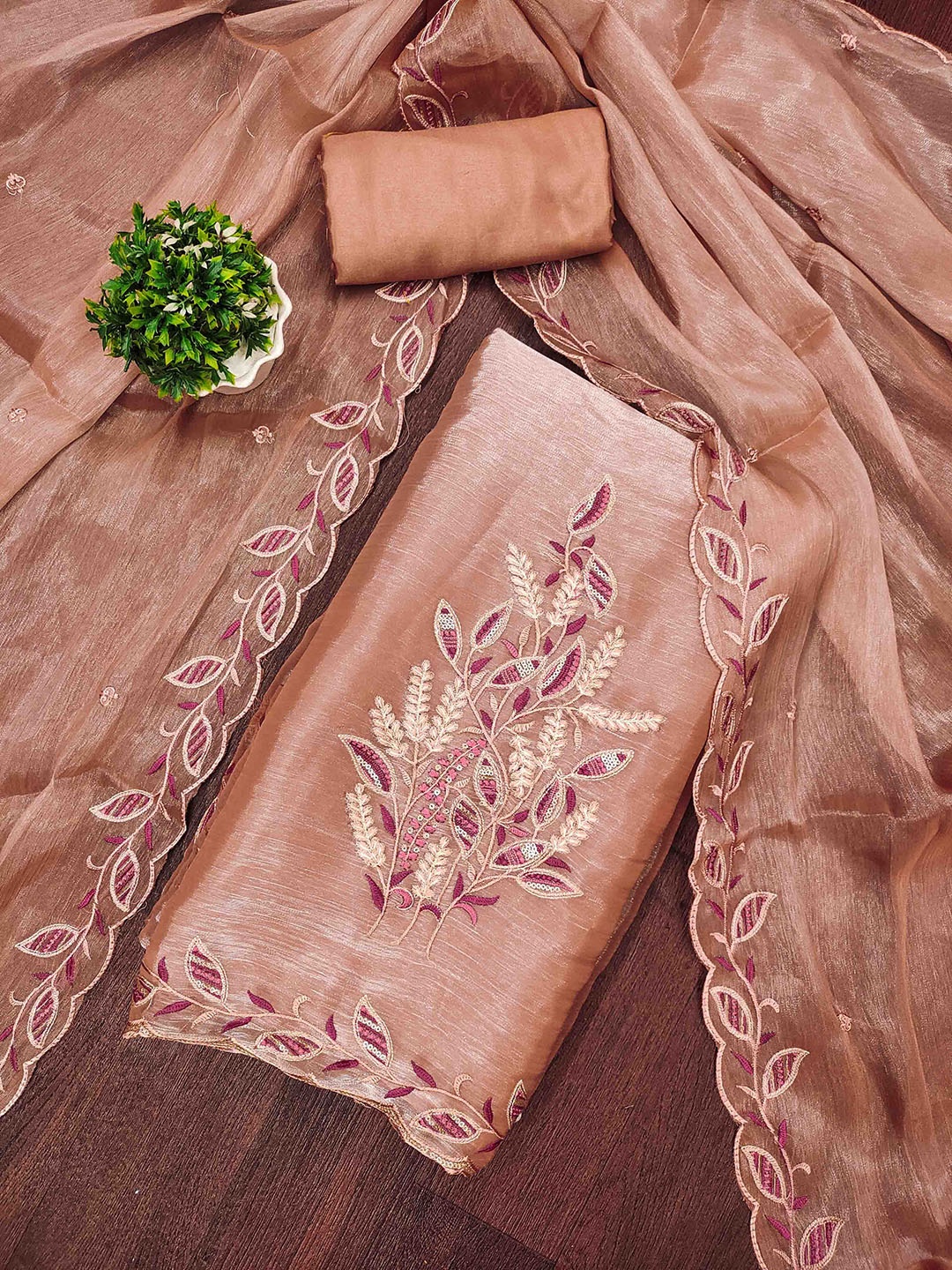 

KALINI Embroidered Silk Chiffon Unstitched Dress Material, Peach