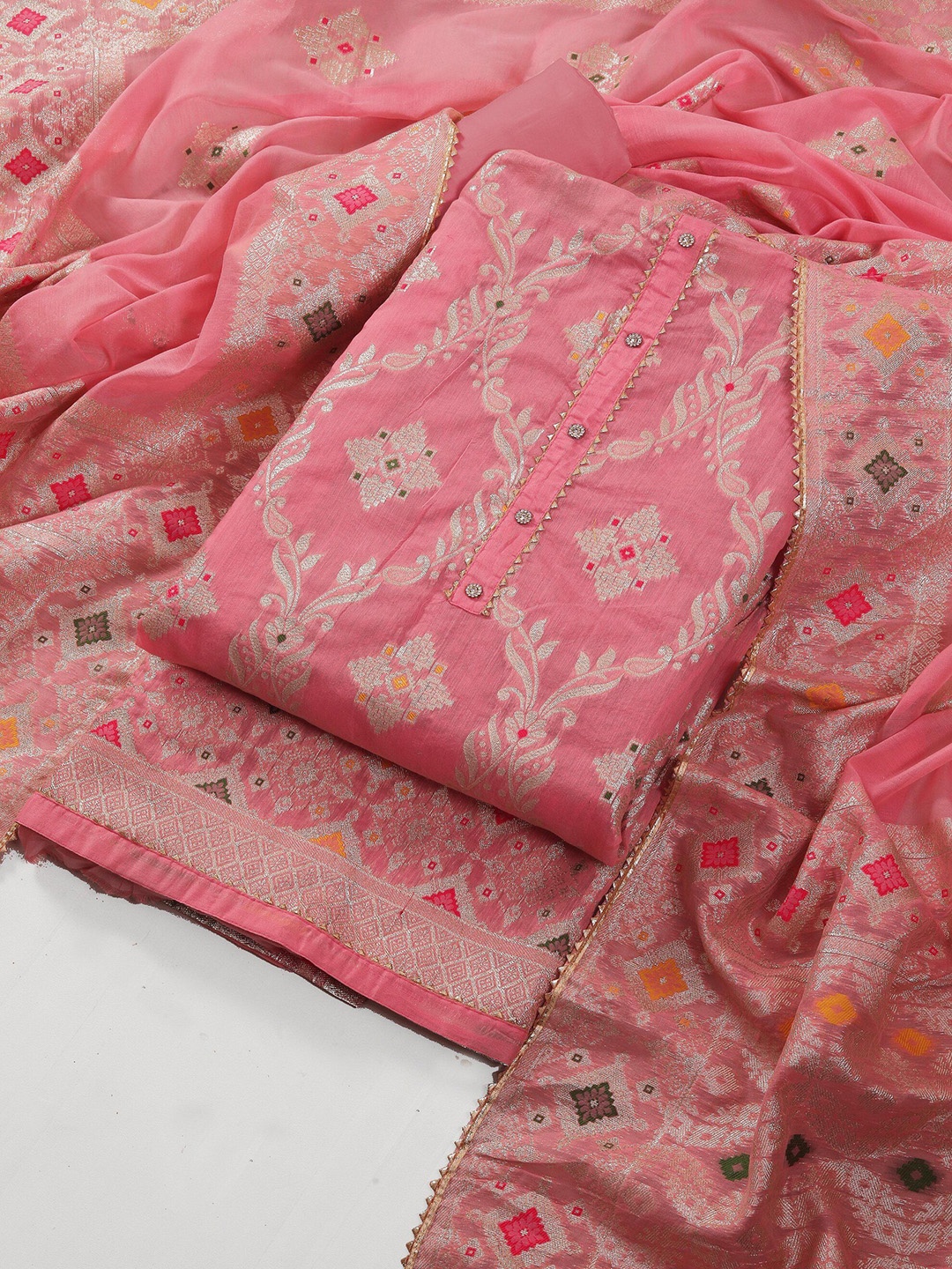 

Riti Floral Jacquard Woven Design Unstitched Dress Material, Pink