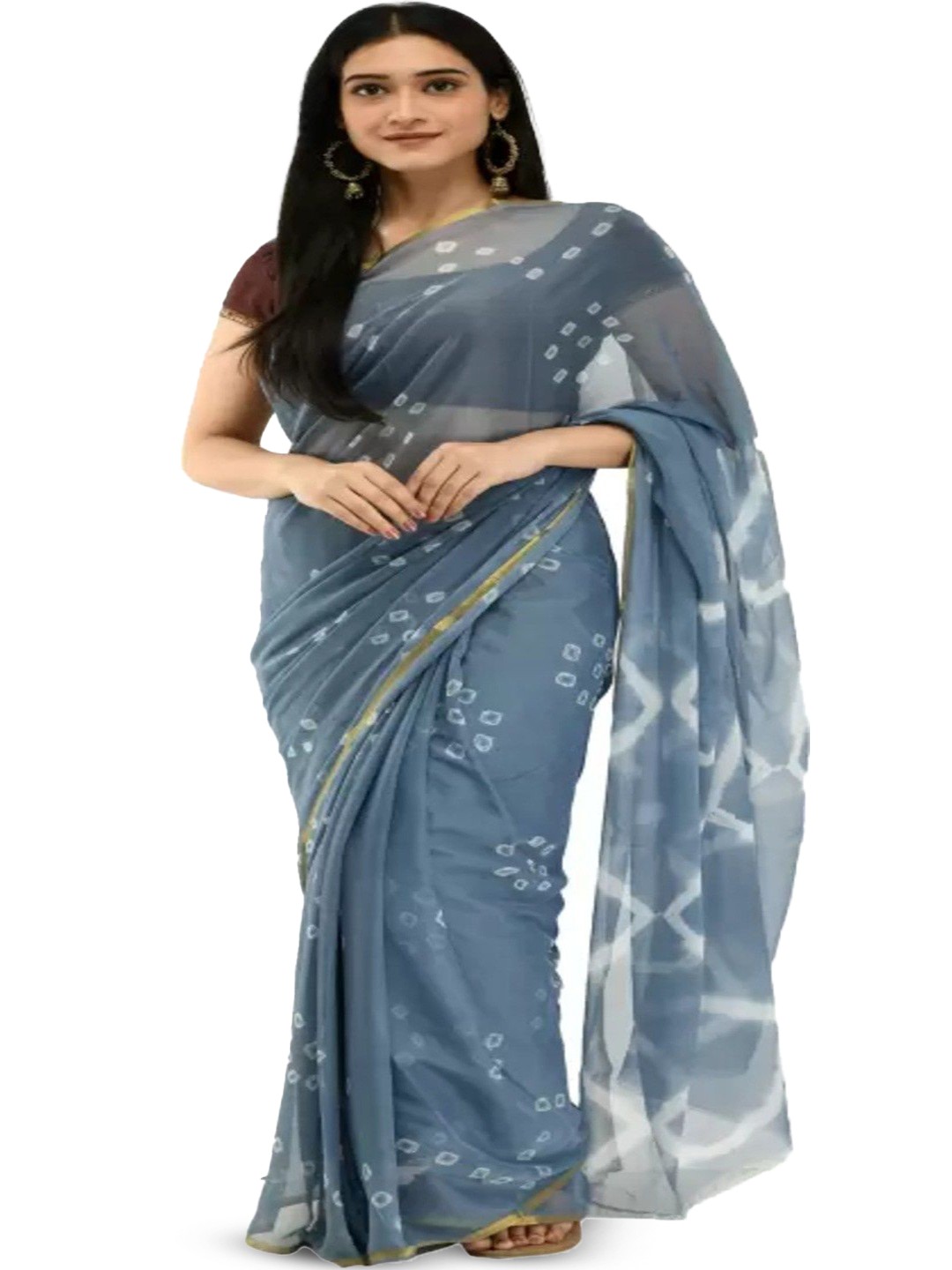 

DURGA EMPORIO Bandhani Zari Pure Chiffon Bandhani Saree, Grey