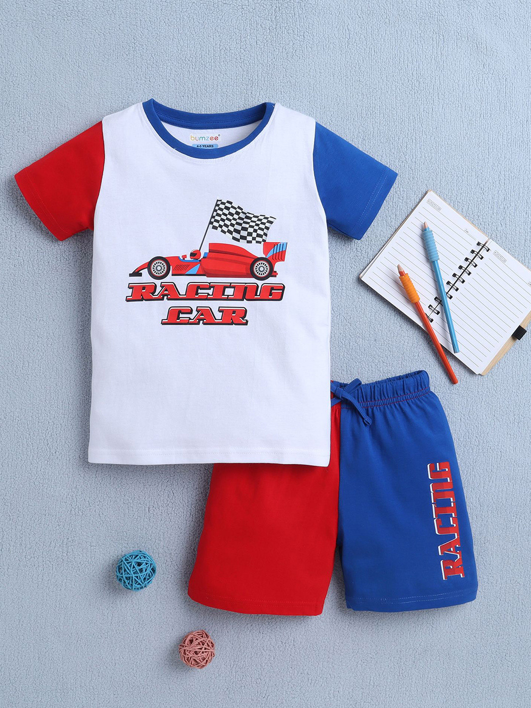 

BUMZEE Boys Printed Round Neck Pure Cotton T-shirt With Shorts, White