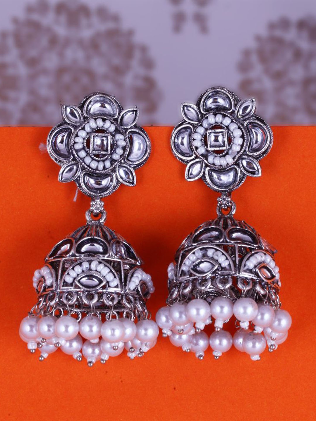

MEENAZ Silver-Plated Oxidised Stone Studded & Pearls Beaded Dome Shaped Jhumkas