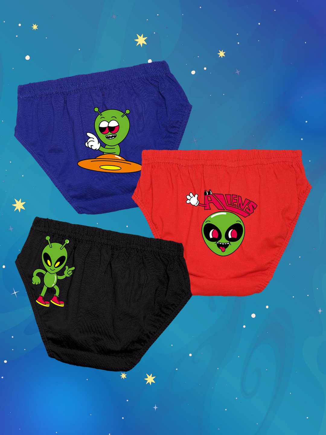 

NUSYL Boys Pack Of 3 Alien Printed Mid Rise Basic Briefs - NUBCBRFPO3.0137, Black