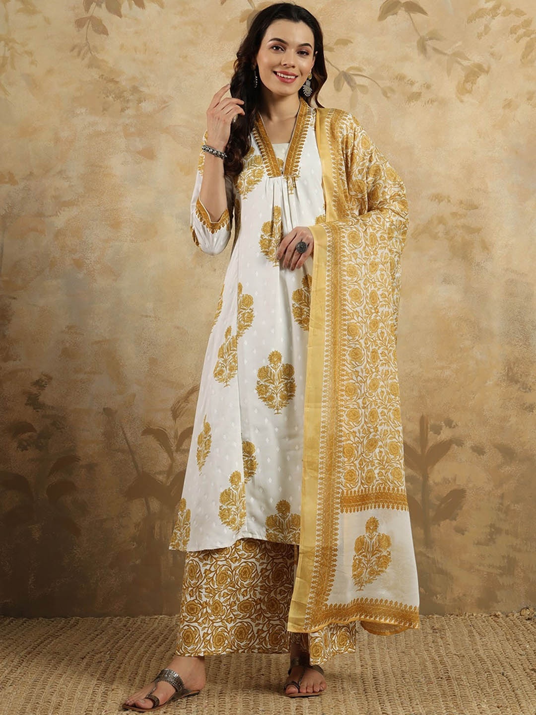 

NIZA FASHION Women Floral Embroidered Regular Pure Cotton Kurta with Trousers & With Dupatta, Mustard