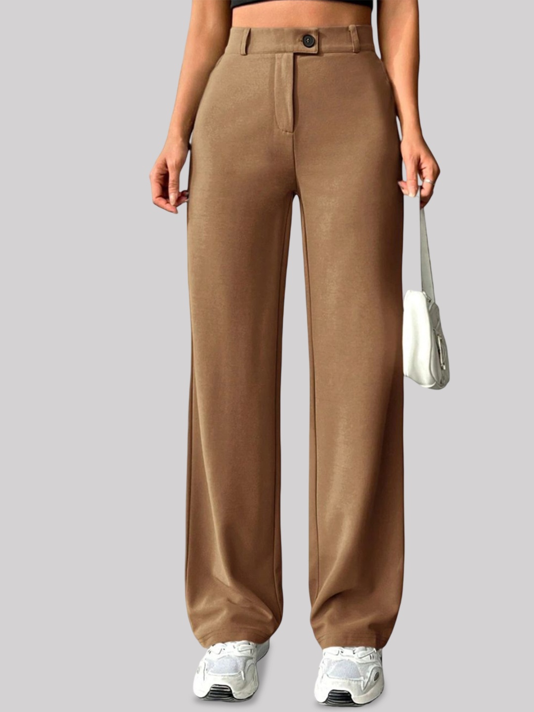 

FNOCKS Women Relaxed Straight Leg Flared High-Rise Trousers, Beige