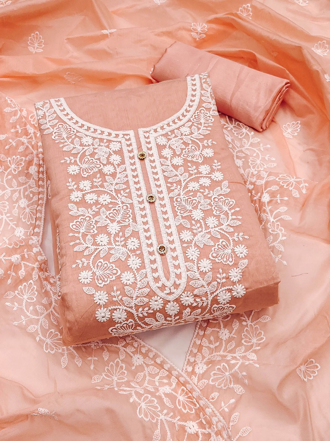 

SAINOOR Embroidered Thread Work Semi-Stitched Dress Material, Peach