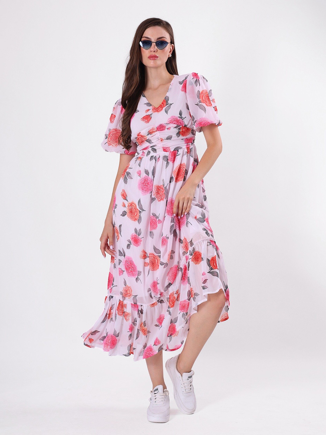 

clobug Floral Print Flared Sleeve Georgette A-Line Midi Dress, White