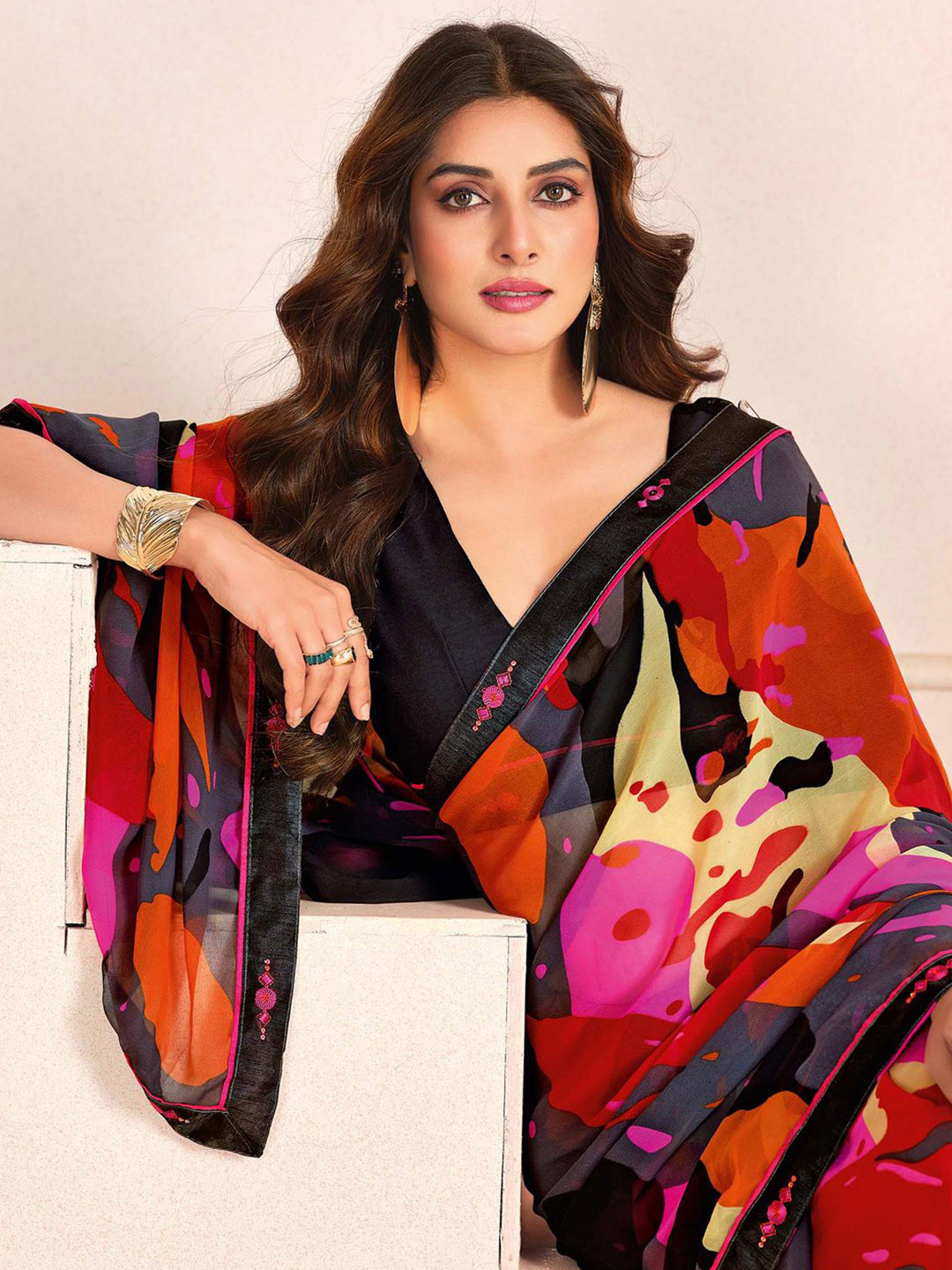 

Saree mall Abstract Printed Sequinned Georgette Sarees With An Unstitched Blouse Piece, Pink