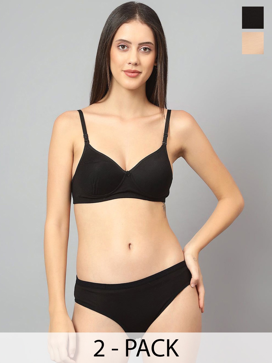 

Designer Bugs Pack Of 2 Cotton Non Padded Non Wired Lingerie Set NPLS-B-PH-30B, Black