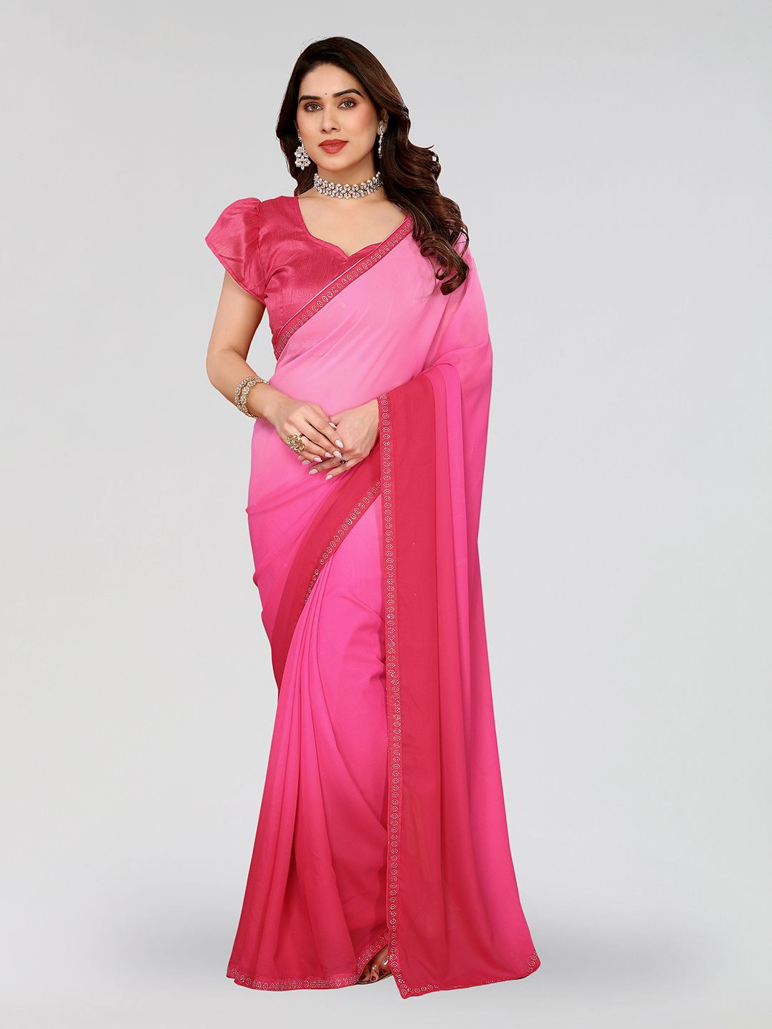 

Moda Rapido Ombre Dyed Beads and Stones Saree, Pink