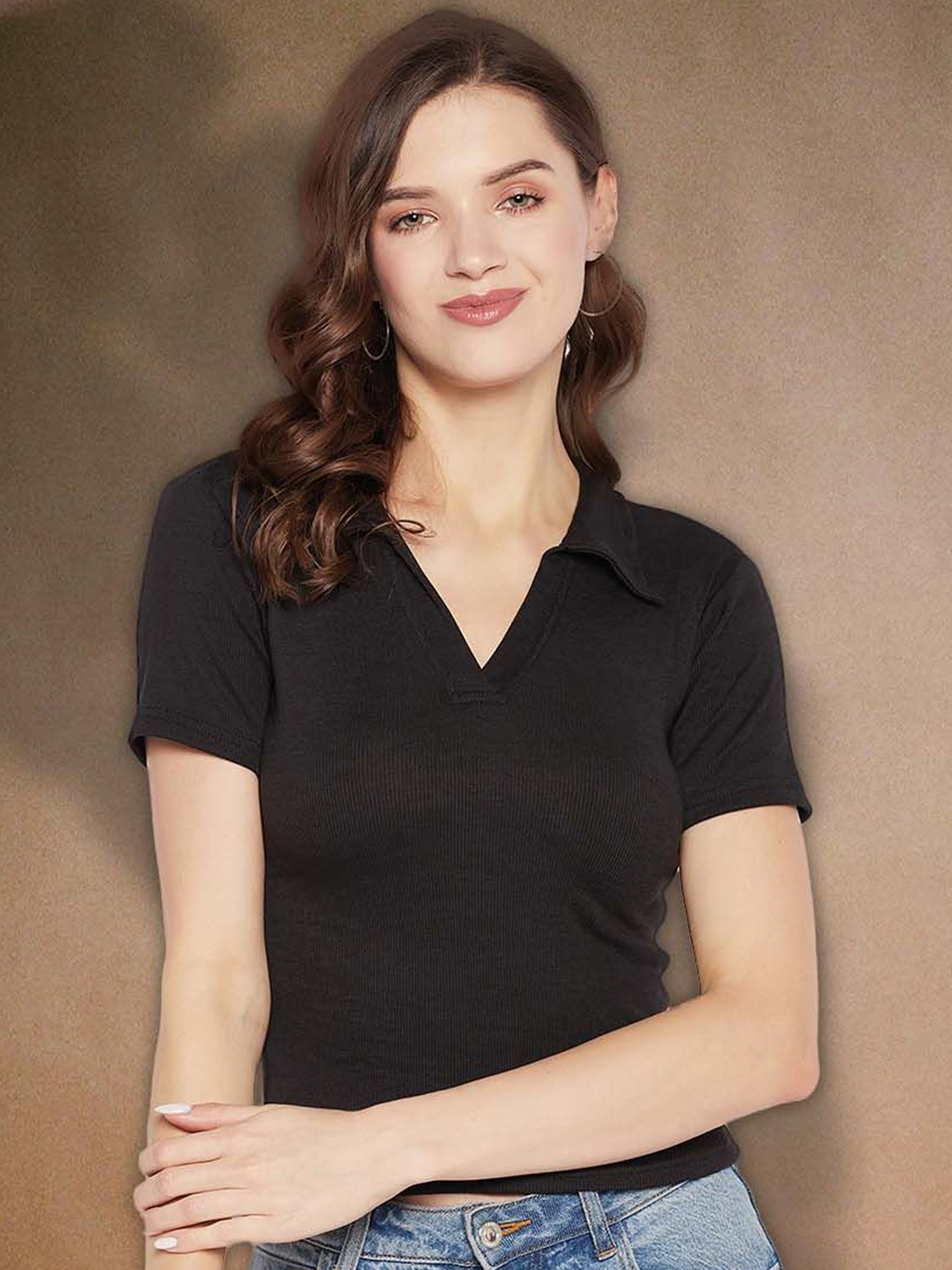 

all about you Regular Solid Lapel Coller Crop Top, Black