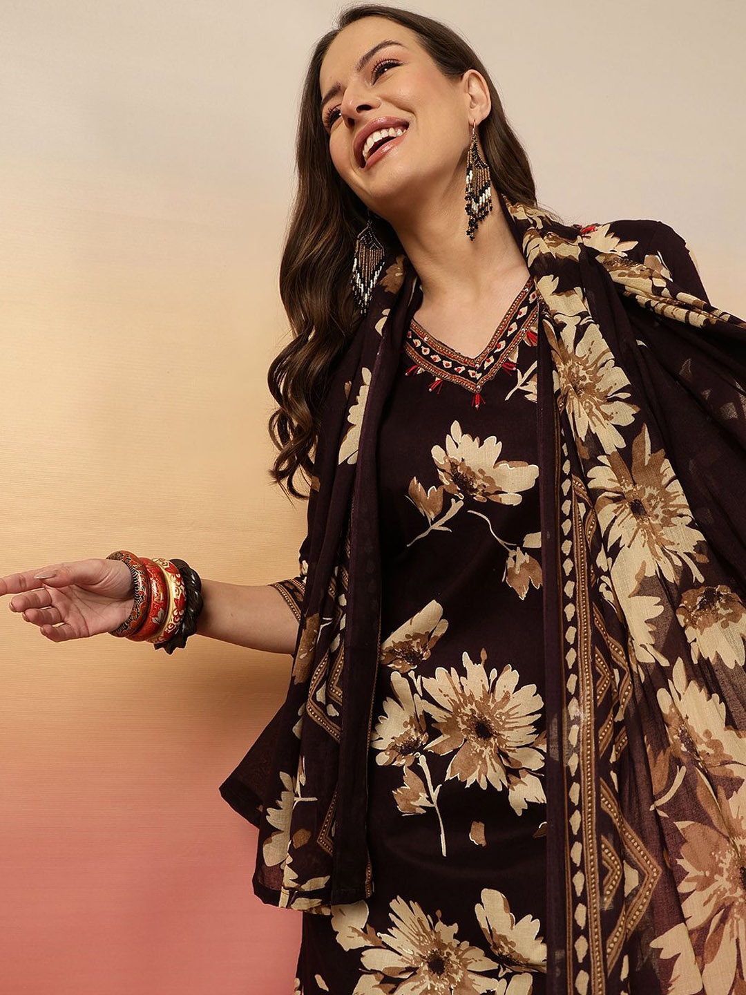 

Sangria Floral Printed Adda Work Cotton Kurta With Trouser & Dupatta, Brown