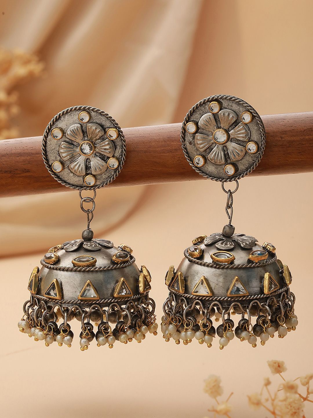 

Sangria German Silver Silver-Plated Kundan Studded & Beaded Dome Shaped Oxidised Jhumkas