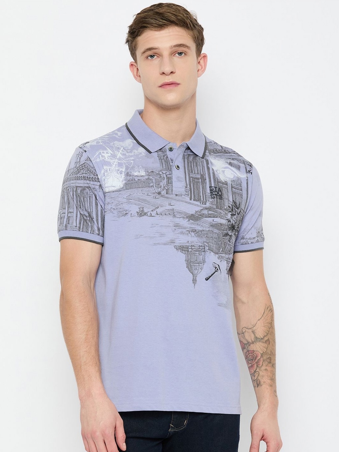 

Duke Men Printed Polo Collar Raw Edge Slim Fit T-shirt, Purple