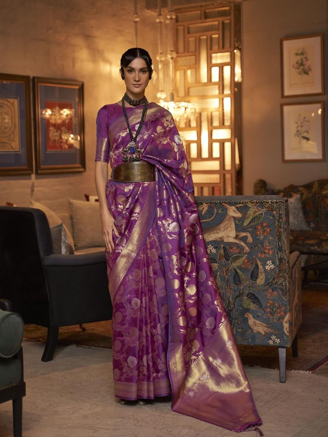 

Anouk Floral Silk Blend Banarasi Saree, Purple