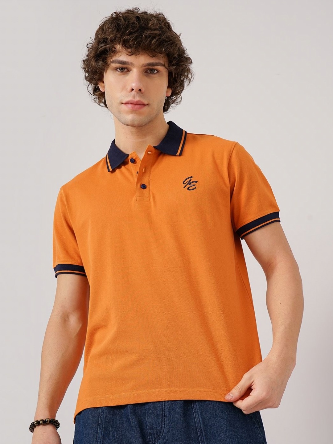 

Genoa Men Brand Logo Polo Collar Pure Cotton Slim Fit T-shirt, Orange