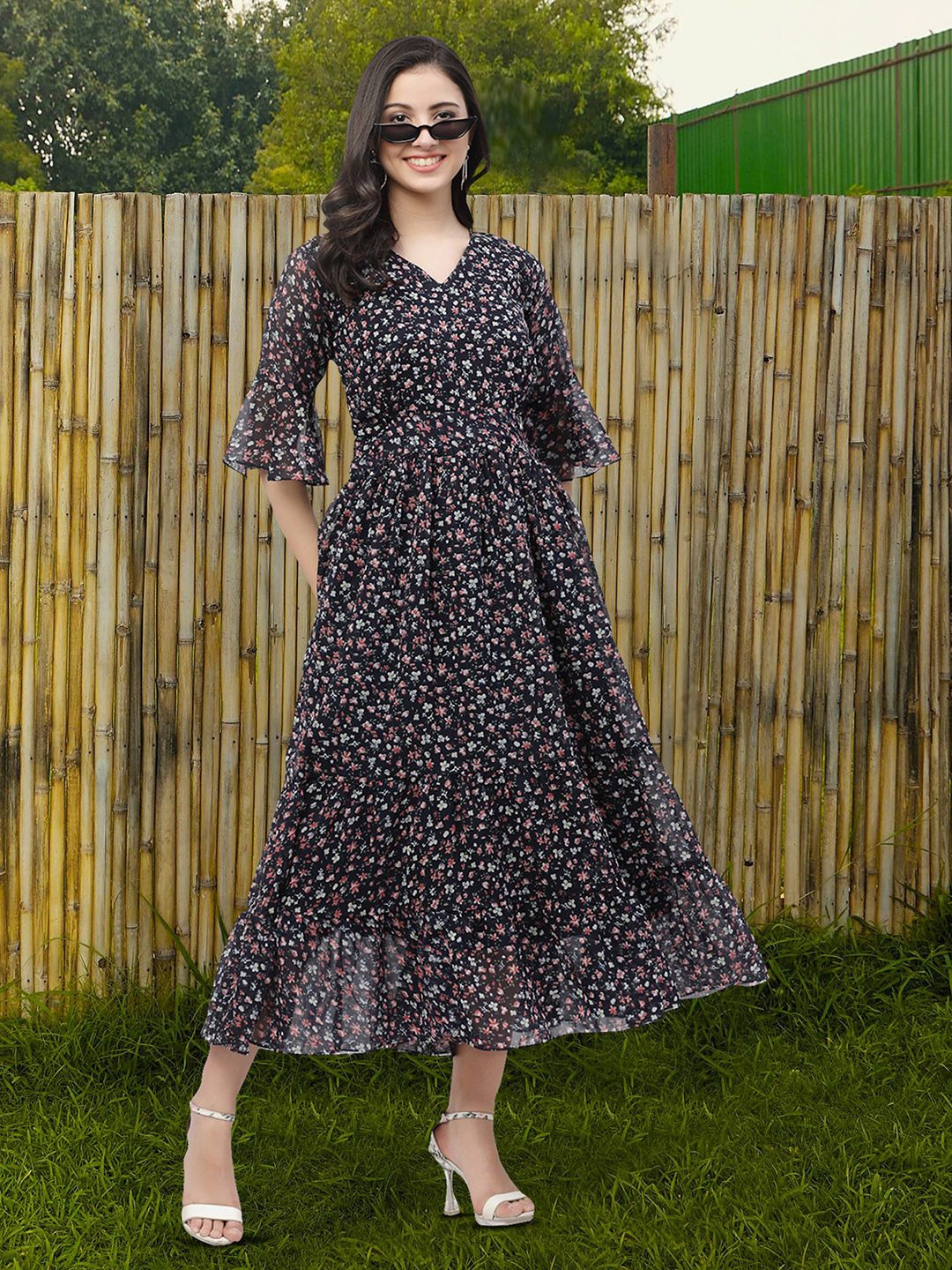 

Moda Rapido Floral Print Applique Fit & Flare Dress, Navy blue