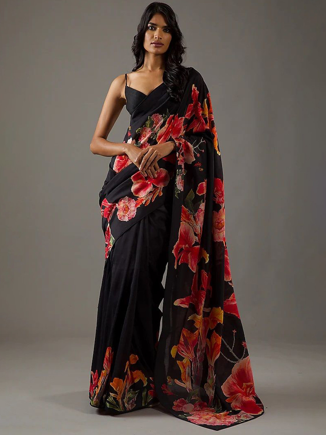 

Moda Rapido Floral Print Saree, Black