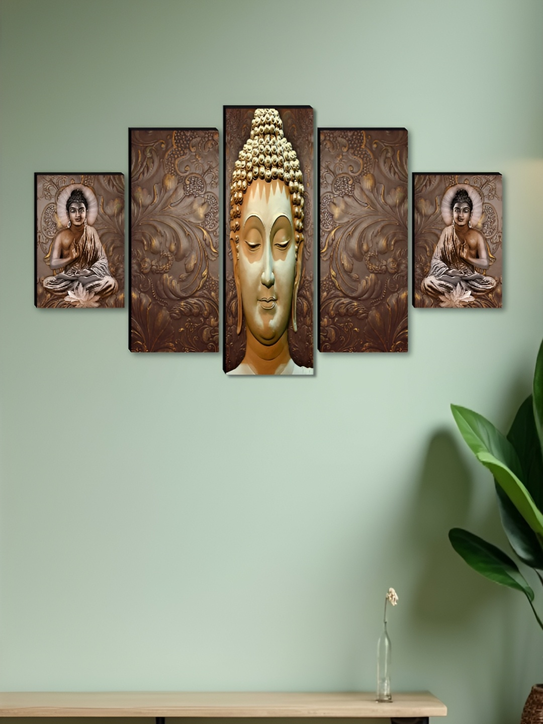 

Aura Brown & Green5 Pieces Wooden Buddha Religious Wall Art