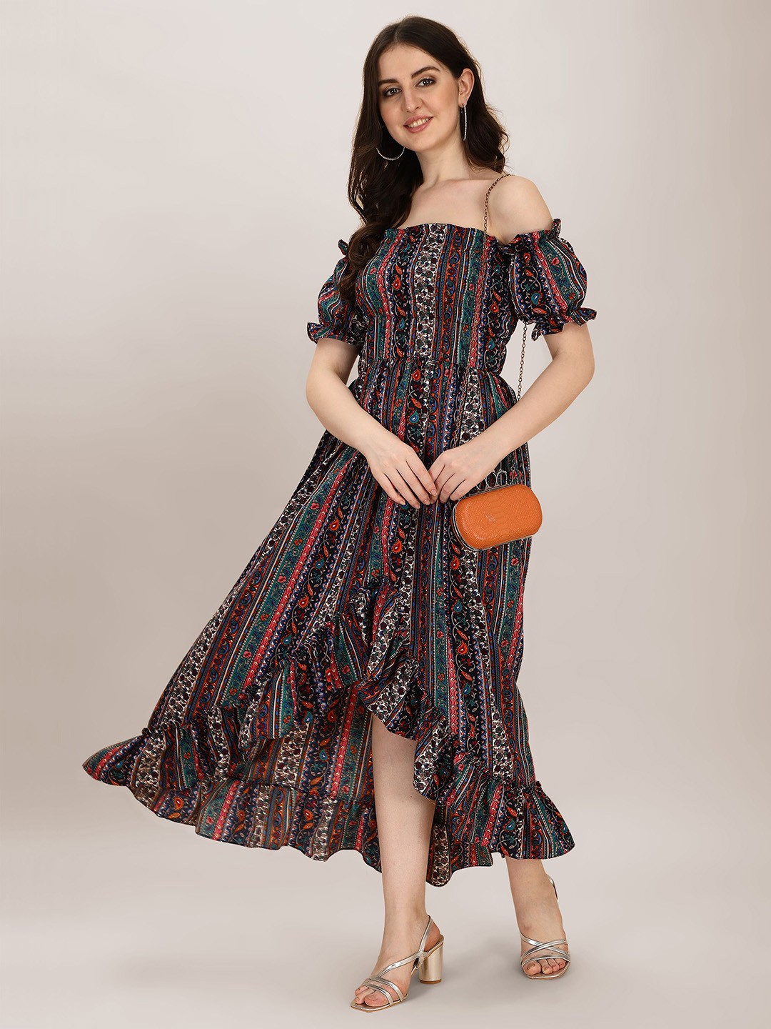 

Oomph! Print Off-Shoulder Puff Sleeve Crepe A-Line Maxi Dress, Multi