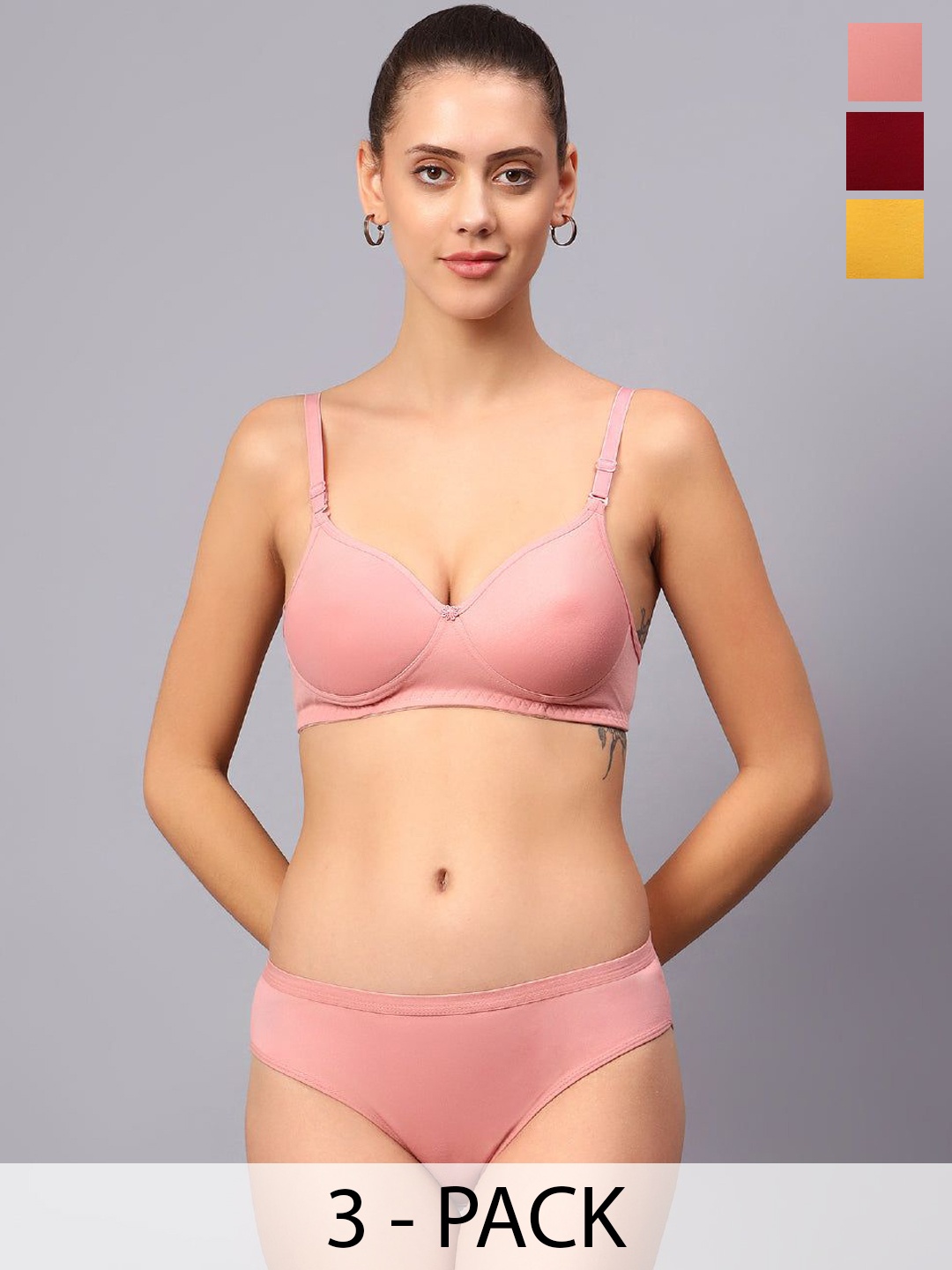 

Designer Bugs Pack Of 3 Cotton Non Padded Non Wired Lingerie Set NPLS-Y-RG-M-30B, Yellow