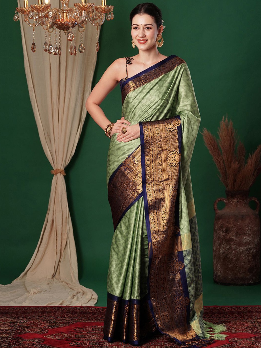 

Sangria Banarasi Woven Design Saree With Blouse Piece, Green