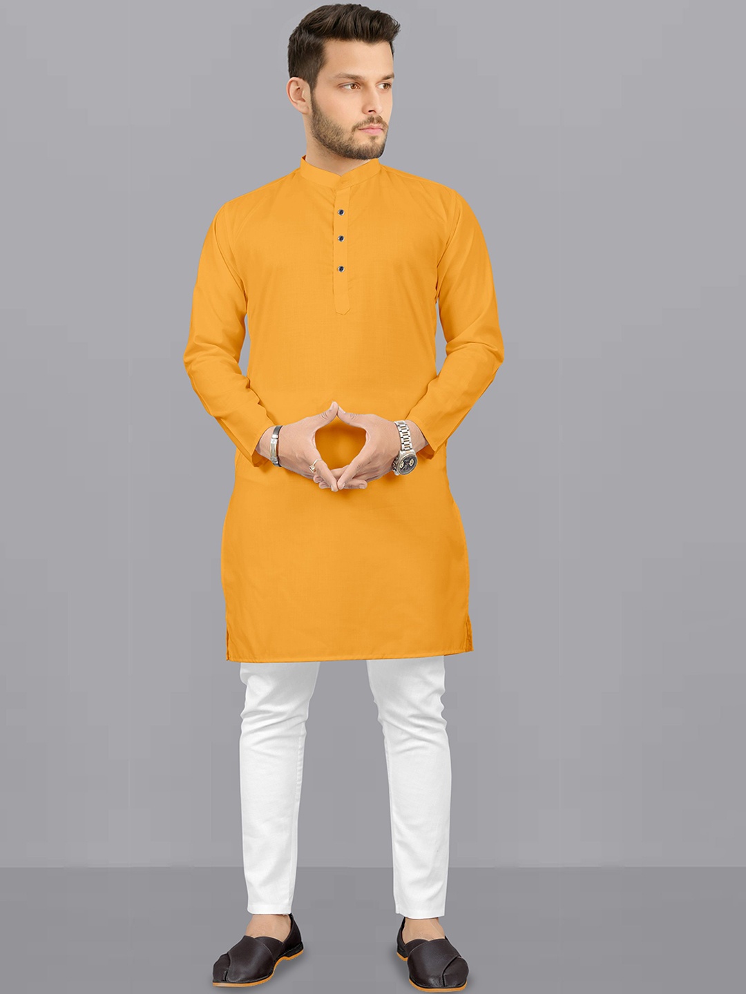 

Fashion FRICKS Band Collar Straight Kurta With Pyjamas, Mustard
