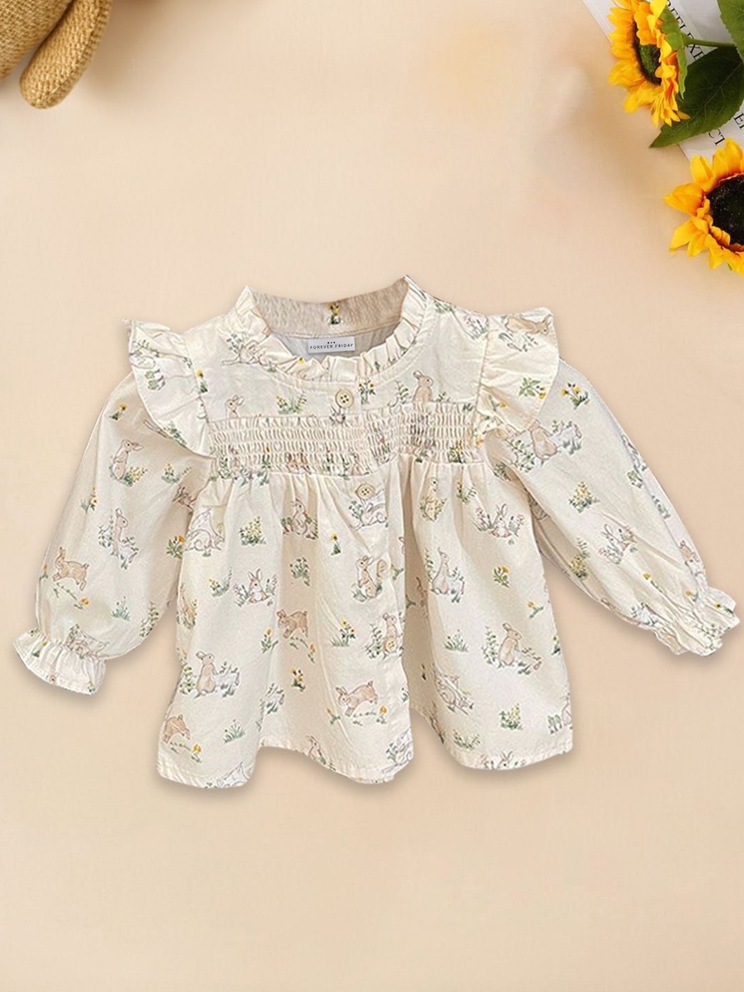 

FOREVER FRIDAY Floral Print Bell Sleeve Cotton Top, White