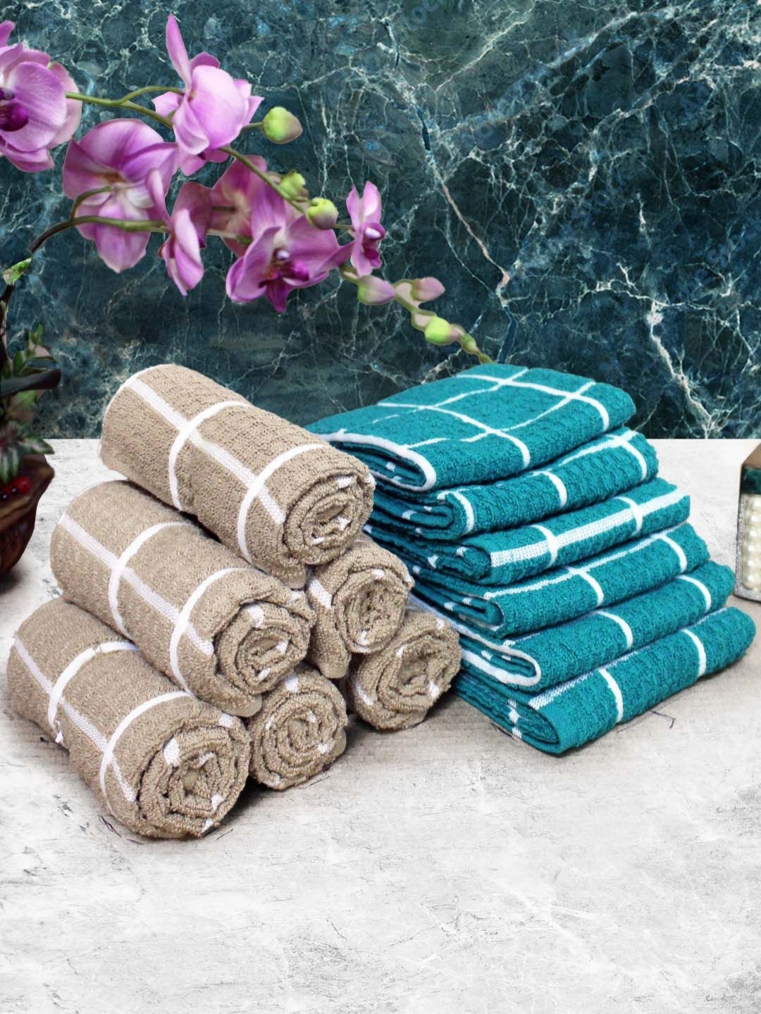 

Aura Brown & Blue 12 Pieces Checked Pure Cotton Super Absorbent & Quick Dry Hand Towels