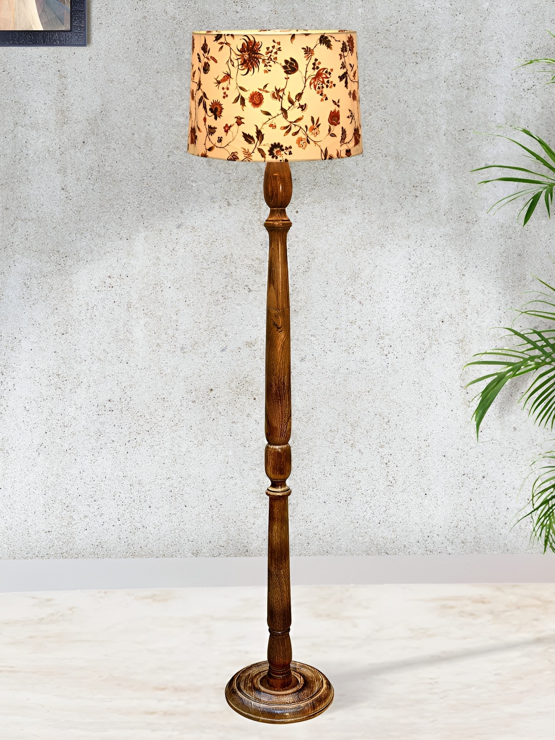 

Homesake Rustic Off-White & Brown Printed Wooden Cylinder Shaped Floor Lamp With Shade