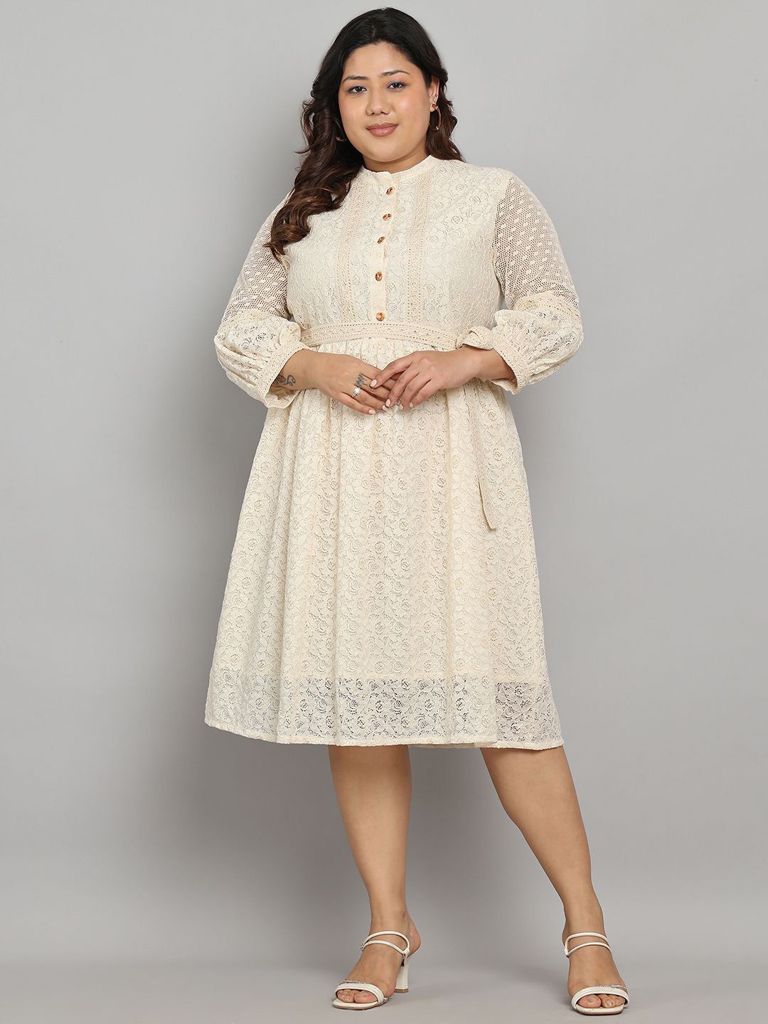

Tulsattva Women Mandarin Collar Puff Sleeves Schiffli Fit & Flare Midi Dress With belt, Off white
