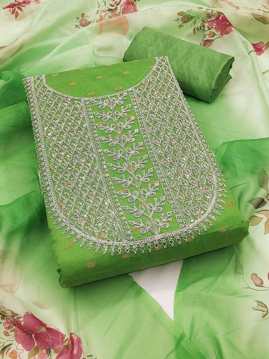 

SAINOOR Floral Embroidered Sequinned Chanderi Cotton Unstitched Dress Material, Green