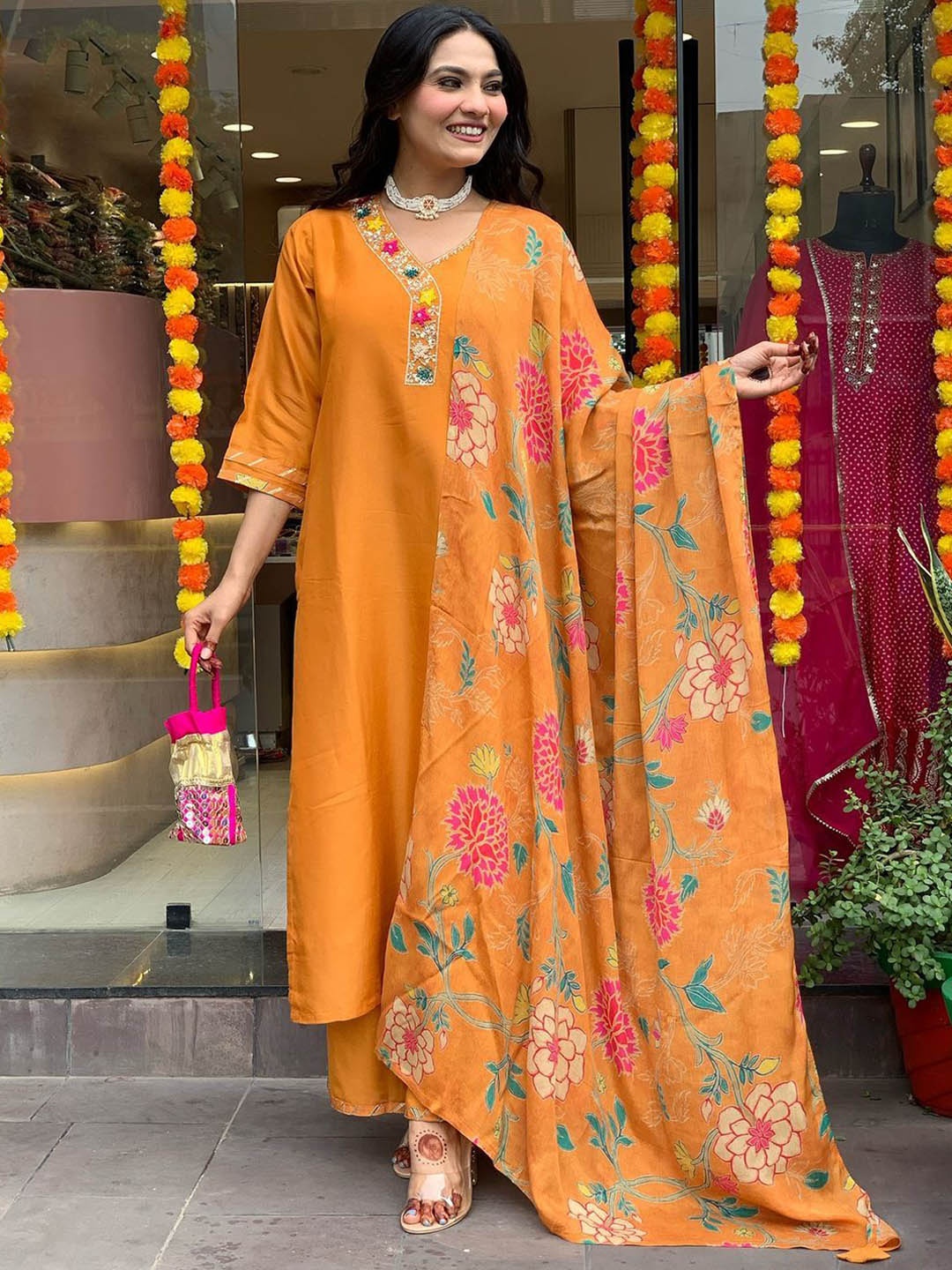 

NIRMAL CREATION Embellished Pure Cotton Kurta with Trousers & Dupatta, Orange
