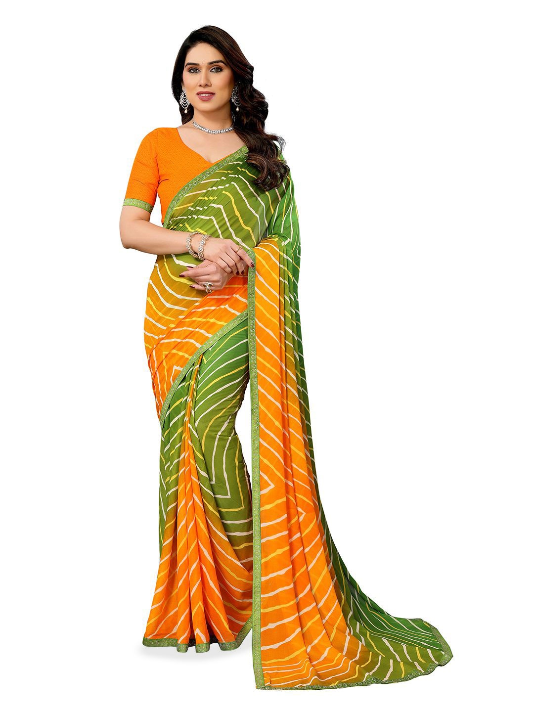 

Moda Rapido Striped Poly Georgette Saree, Green