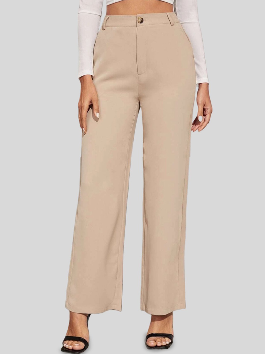 

FNOCKS Women Relaxed Straight Leg Straight Fit High-Rise Trousers, Beige