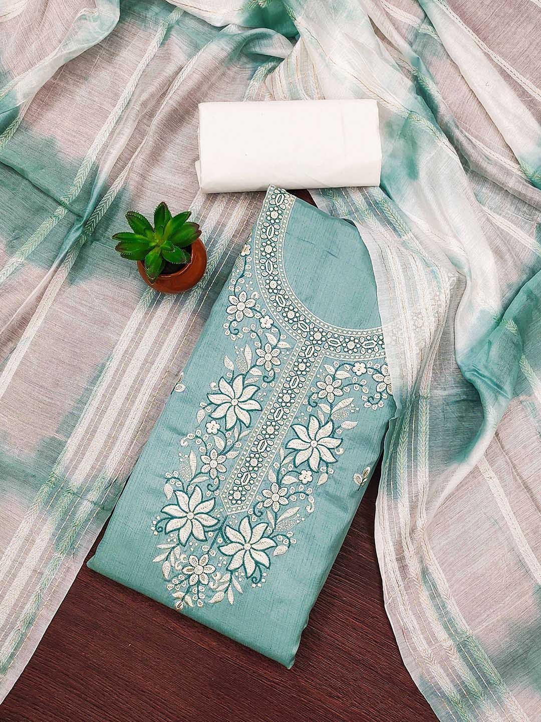 

SAINOOR Floral Embroidered Thread Work Unstitched Dress Material, Sea green