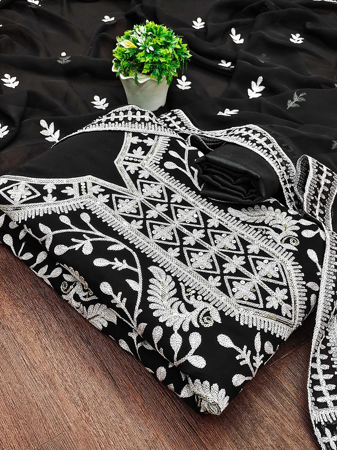 

SAINOOR Floral Embroidered Silk Georgette Unstitched Dress Material, Black
