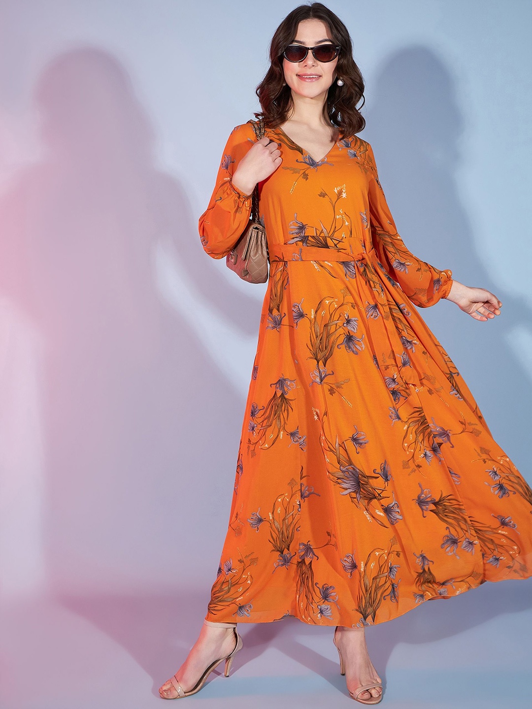 

CORSICA Floral Print Puff Sleeve Georgette Maxi Dress, Orange