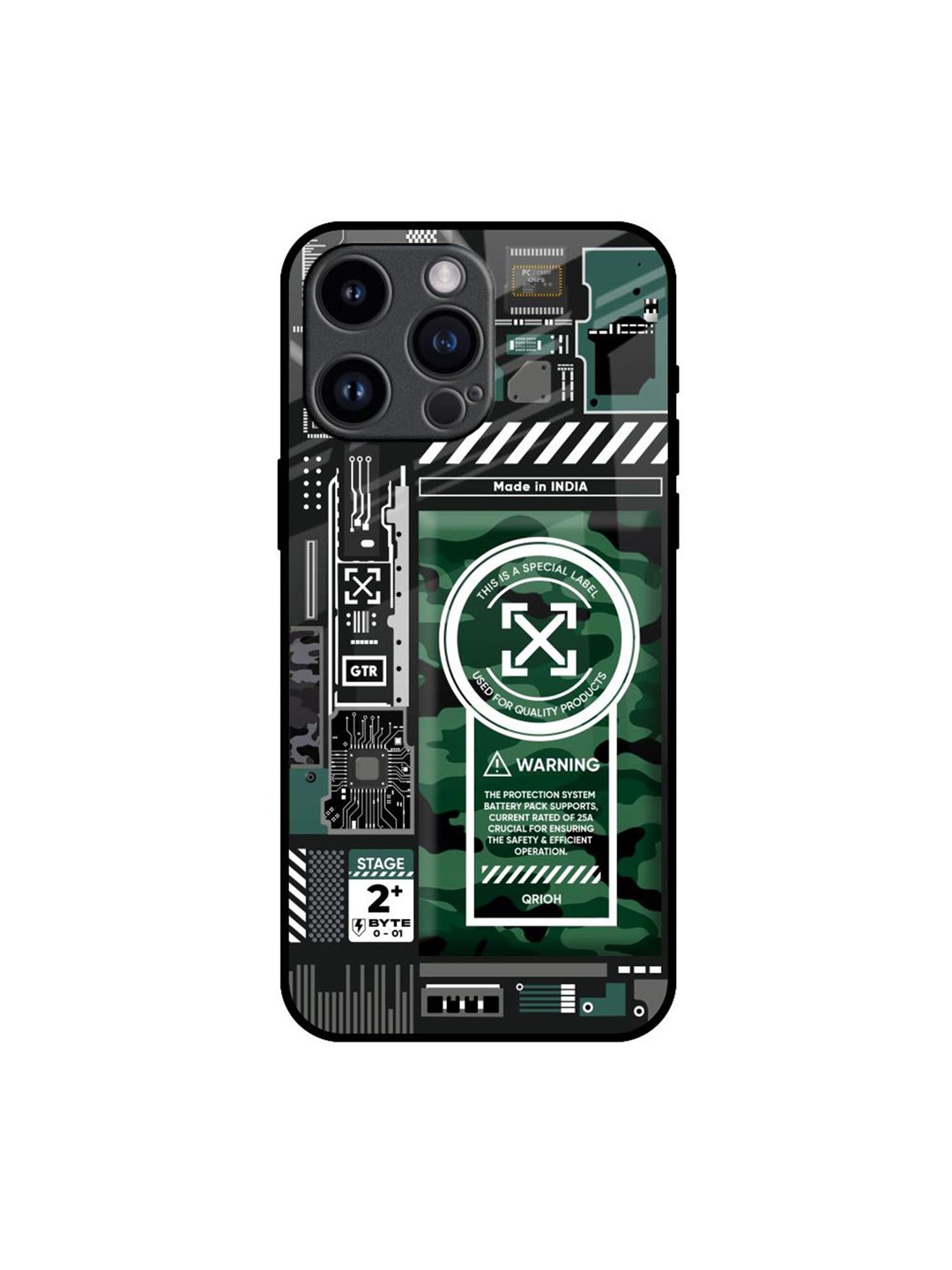 

QRIOH Green Camo Circuit Printed iPhone 14 Pro Max Back Case, Black